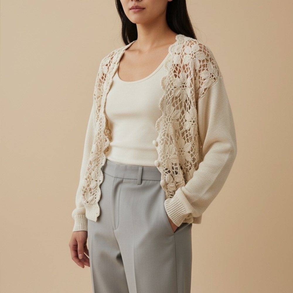 Vintage CLIO Cardigan Cream Crochet Knit  Cottagecore Ramie Cotton Size Medium